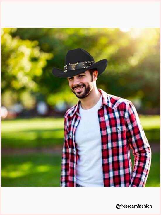 Wide Brim Western Cowboy Hat Fedora with Bull Head Band Decoration Unisex main image 4